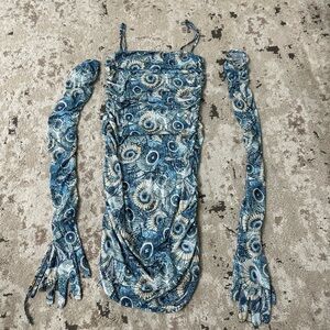 Kim Shui Blue Shell Print Ruched Dress | Size L | Like New